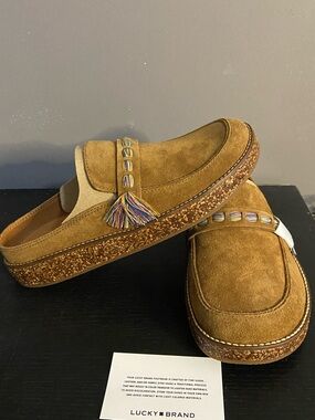 Lucky Brand Brown Suede Tassel Platform Mules with Multicolor Accents New 9M